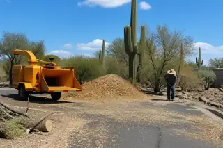 Technician raking sawdust and wood chips in a desert residential yard in Tucson, AZ.