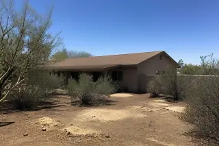 Wide view of a shingled house with trimmed tree branches and wood shavings on the desert ground in Tucson, AZ.