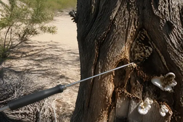 Close-up of tree trunk decay and fungal growth being inspected with a probe in a Tucson, AZ desert landscape.