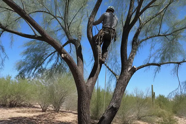 Arborist using ropes and climbing spikes to prune a mature tree in Tucson, AZ.