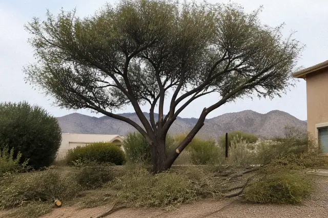 Tree canopy after pruning with fresh-cut branches and debris on the ground in Casas Adobes, AZ.