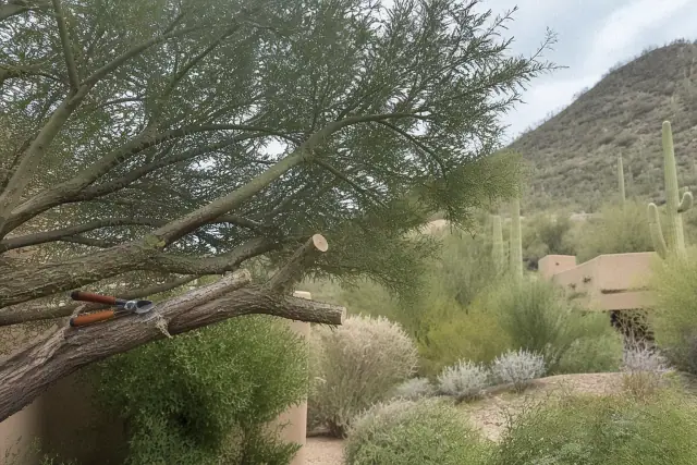 Precision pruning on a tree crown with desert landscape and stucco homes in Catalina Foothills, AZ.