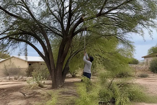 Worker pruning tree branches for crown restoration at a jobsite in Flowing Wells, AZ.