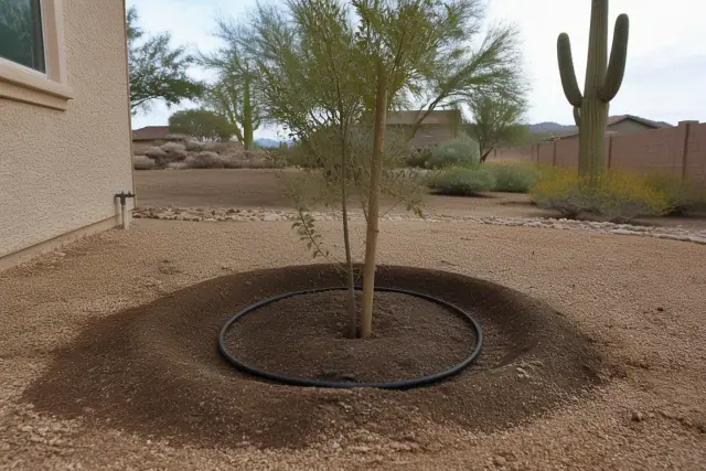 Technician backfilling soil around a newly planted young tree in a Tucson, AZ residential yard.