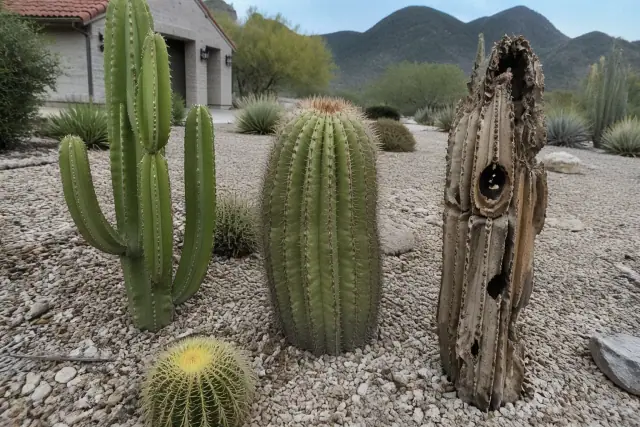 A specialist inspects cactus health and trunk decay in a Tucson, AZ desert garden with mountain views.