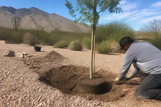 A technician planting a low-water tree in a xeriscape garden with crushed granite in Tucson, AZ.